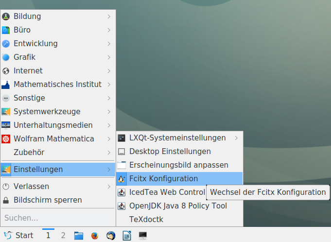 Startmenu -> Einstellungen -> fcitx Konfiguration